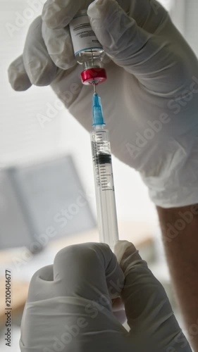 Vertical shot of healthcare professional hands in sterile gloves drawing vaccine from vial into syringe. Clip is ideal for medical training videos and public health vaccination campaigns
