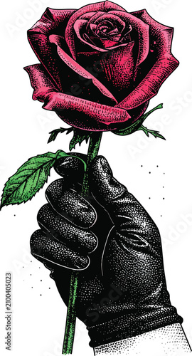 Gloved hand holding a red r...