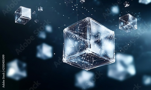 Digital blockchain network abstract concept with glowing cubes and connections in dark background.