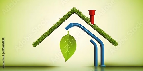 Abstract green house roof with pipes and leaf, sustainable energy concept.