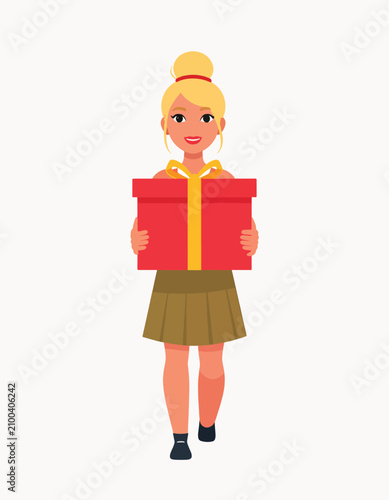 Happy woman holding red gif...