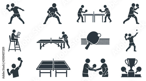 Table tennis players in action poses.