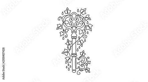 Bild auf Leinwand Ornate vintage key entwined with ivy leaves and water drops, line art