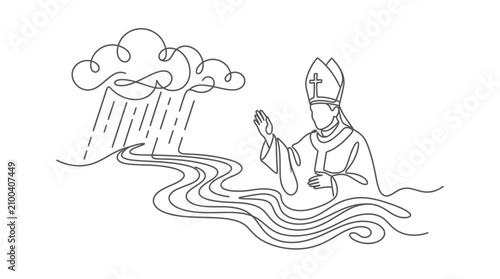 Obraz na płótnie Pope Blessing Rain Over Wavy Water, Religious Blessing Concept Line Art