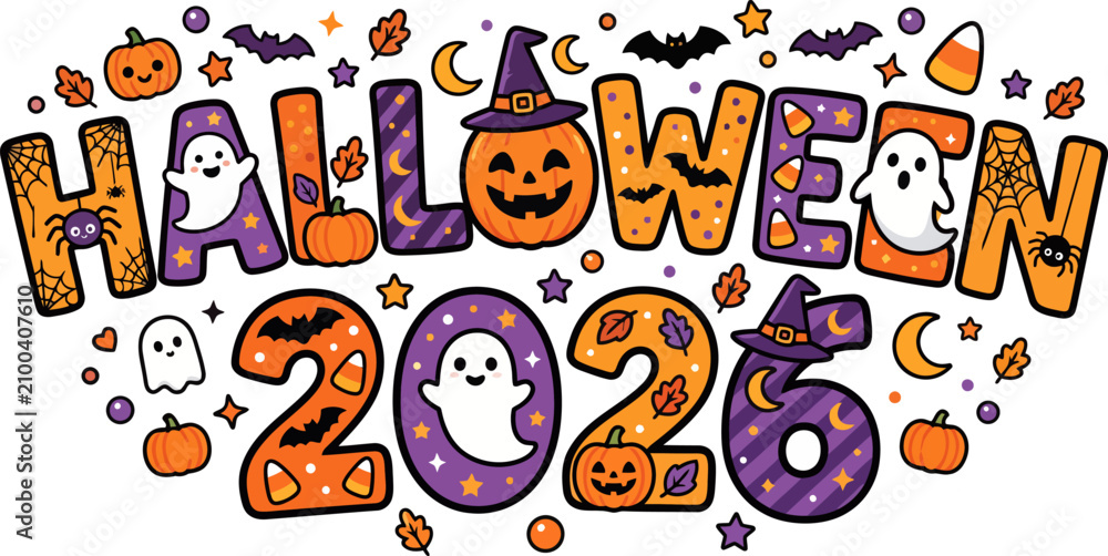 Fototapeta premium Festive halloween 2026 typography with pumpkins ghosts and candy illustration