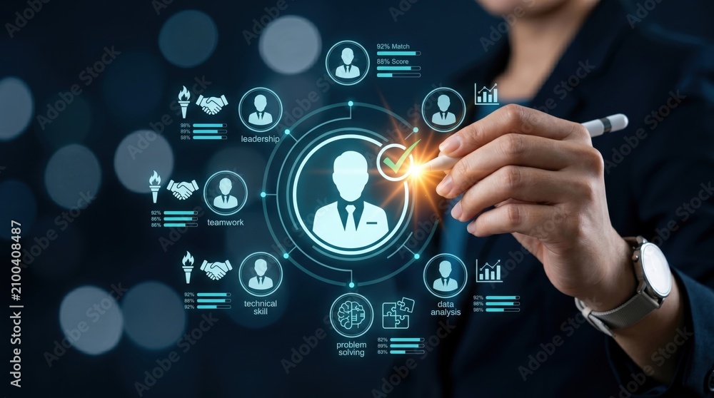 Fototapeta premium HR manager hand selecting candidate profile on digital screen, recruitment process, employee skills assessment, leadership teamwork technical ability evaluation concept.