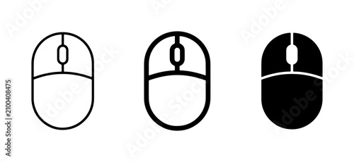 Minimalist computer mouse icon set, black outline and solid vector symbols, modern hardware interface graphics