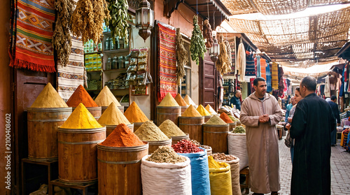 Vibrant Cones of Traditional Spices in Wooden Barrels at a Souk Market in Marrakesh