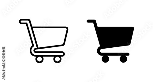 Shopping cart icon set, minimalist e-commerce basket symbols, black outline and solid vector graphics