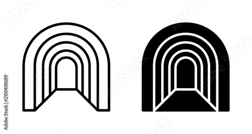 Minimalist tunnel icon set, geometric archway vector symbols, black and white perspective portal graphics