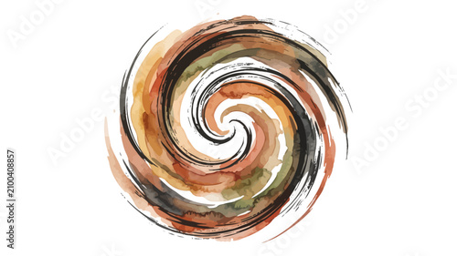 Abstract circular brown and grey watercolor spiral splash with watercolor wash