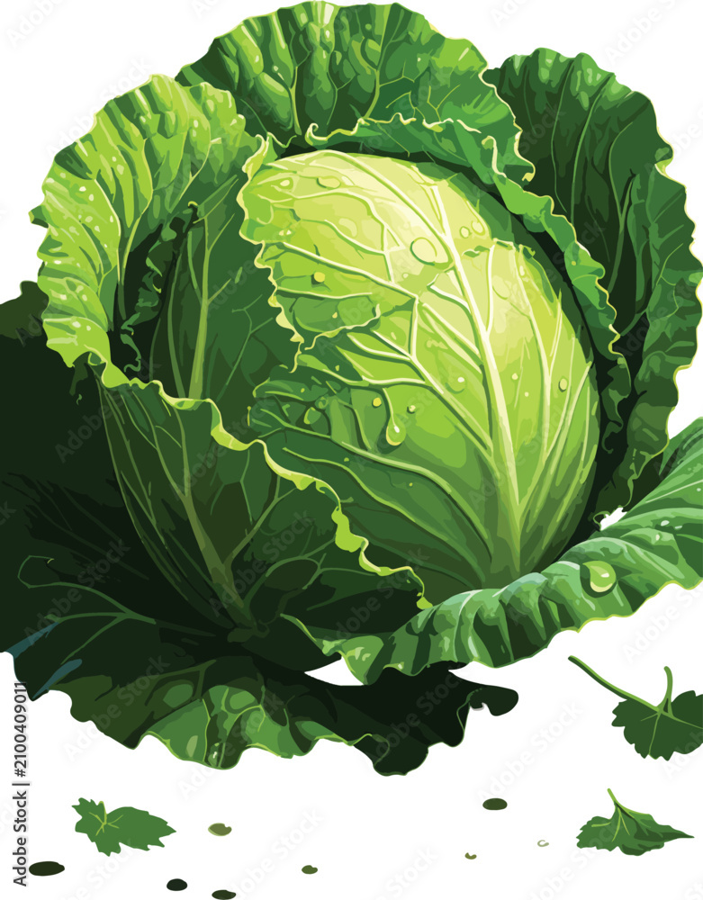 Obraz premium Fresh green cabbage with water droplets, isolated healthy vegetable illustration, natural food element, crisp organic produce