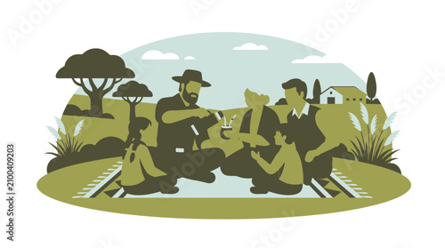 Family sharing mate in a rural landscape, enjoying nature and togetherness.