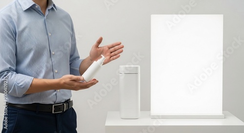 Product manager presenting a white bottle and container in a modern office setting, explaining product features