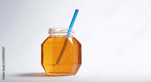 Clear glass container filled with amber liquid and a blue straw