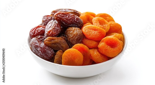 A white bowl overflows with a vibrant mix of sweet dried apricots and dates