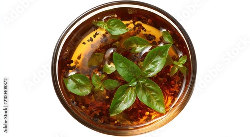Fresh basil leaves float in savory oil infused with spices and herbs