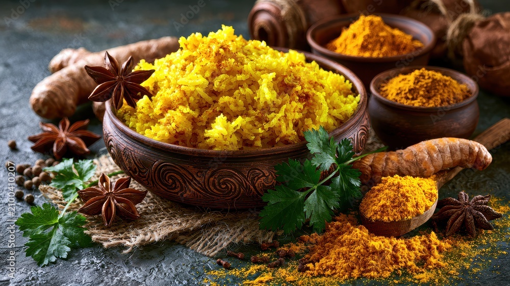 Fototapeta premium Turmeric rice aromatic grains comfort food energy boosting flavorful balance copy space culinary inspiration theme realistic Manipulation contemporary food styling background. 