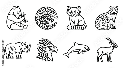 Canvas Print Set of eight black and white line animal featuring a panda, pangolin, red panda,
