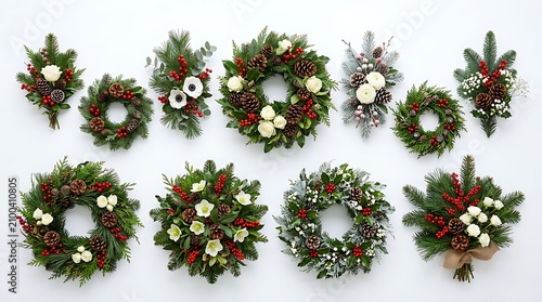 Assortment of christmas wreaths and floral arrangements with pinecones and berries berry