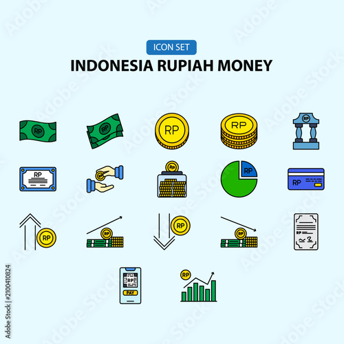 Rupiah currency icon set with colorful financial symbols for digital designs. Perfect for business, finance, websites, presentations, and marketing materials.