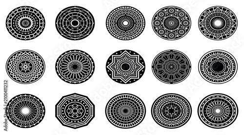 Set of detailed black and white circular mandala ornament icons