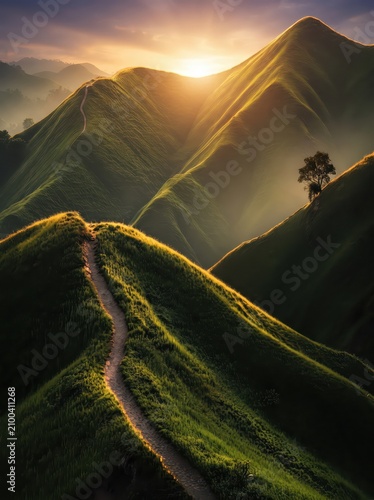 A stunning sunrise illuminates a narrow hiking footpath winding along a dramatic, lush green mountain ridge.