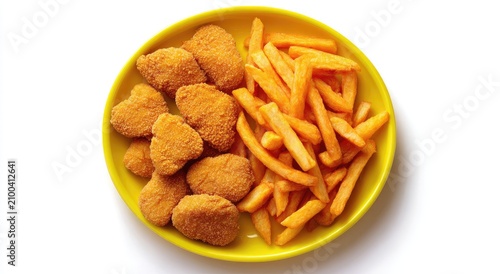 Crispy golden chicken nuggets and french fries served on a vibrant yellow plate