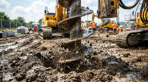 Industrial earth auger drilling into wet muddy ground at a busy urban generated using ai