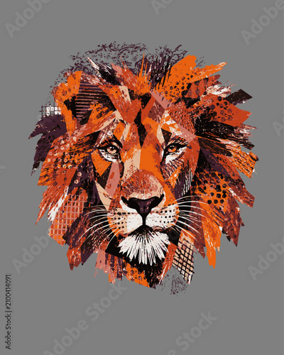 Calm and majestic lion head in modern graphic style. Powerful yet serene wildlife illustration with geometric fragments, textured brush strokes, halftone patterns and contemporary art elements.