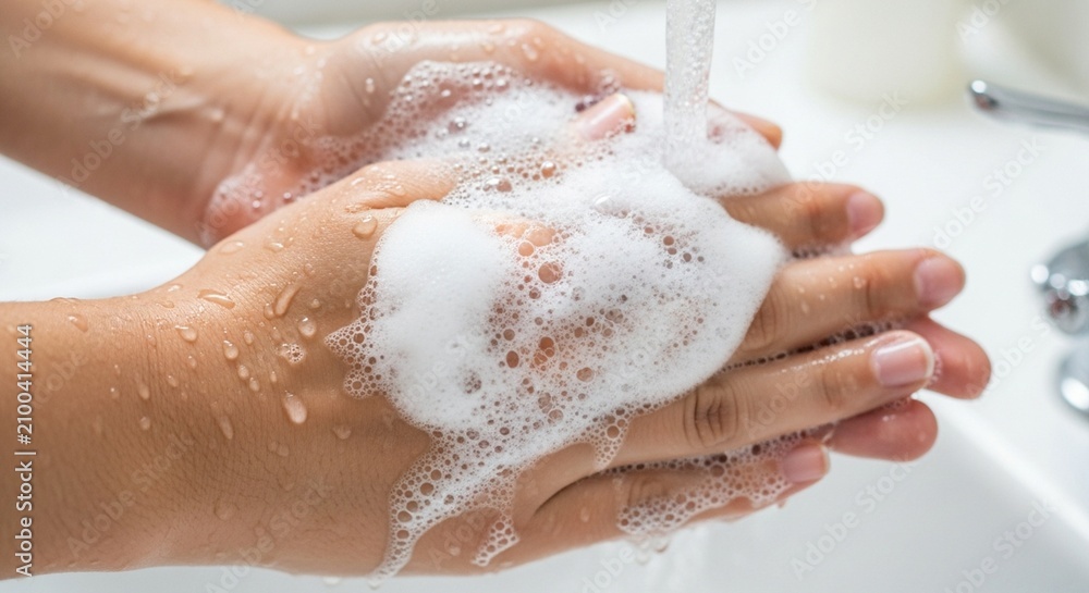 Fototapeta premium Hands Washing with Soap and Water in Sink