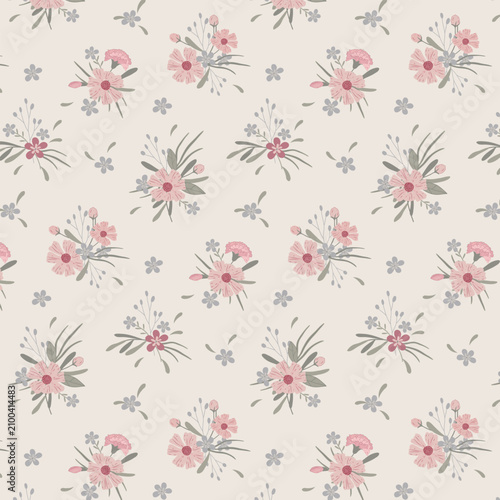 Seamless wildflower pattern with scattered botanical bouquets, delicate blossoms, leafy stems and pastel floral elements on soft neutral background. Elegant heritage repeat for fabric, wallpaper.