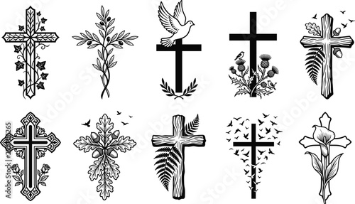 Foto Collection of decorative religious crosses featuring floral motifs, olive branches, doves, oak leaves, ferns, calla lilies, and birds, isolated black vector design elements