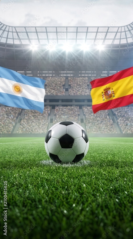 Fototapeta premium A soccer ball resting on the lush green grass, with one's gaze turned upward toward the stadium's majestic roof, where the flags of Argentina and Spain wave proudly.
