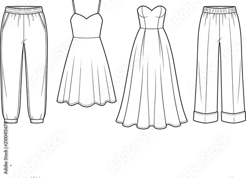 Hand Drawn Women Fashion Outline Collection Featuring Jogger Pants Cocktail Dress Evening Gown Wide Leg Trousers and Technical Apparel Sketch Templates