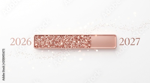 Year loading progress bar 2026 to 2027 gold loading bar filled with shimmering glitter,