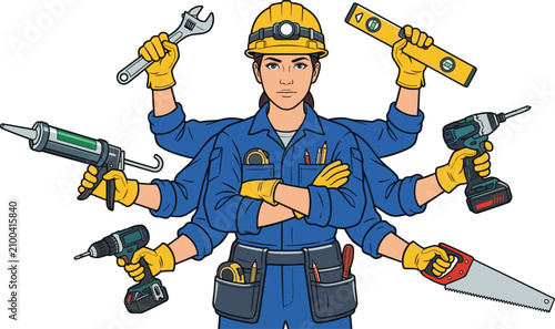 Female worker wearing hard hat and uniform with many arms holding construction tools, multitasking professional contractor, isolated on white background, vector illustration style.