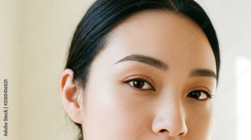 Obraz premium Young woman's face, soft focus, natural light, asian beauty, skincare concept