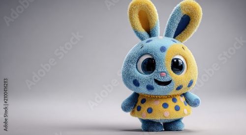 Fluffy blue and yellow spotted plush bunny with large eyes and a dress