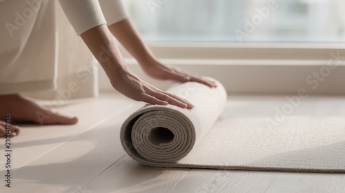 Pastel Scandinavian yoga aesthetic with a woman gently rolling out a mat