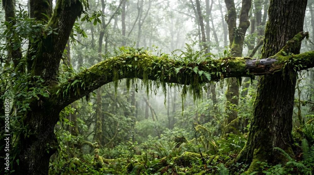 Fototapeta premium Ancient mossy tree branch in a misty deep forest