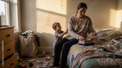 Single parent folding laundry in a cramped bedroom with child close by