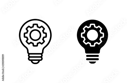 Innovation lightbulb icon with gear, creative engineering idea symbol, technical solution vector set