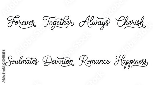 Foto A collection of eight romantic words written in a flowing cursive script font, i