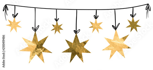 Golden star Christmas garland in vintage scrapbook style on transparent background. New year decor, festive design and holiday celebration element