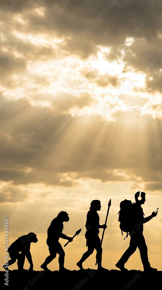 Fototapeta premium Human Evolution to Modern Technology Silhouette Showing Progress From Primate to Smartphone User