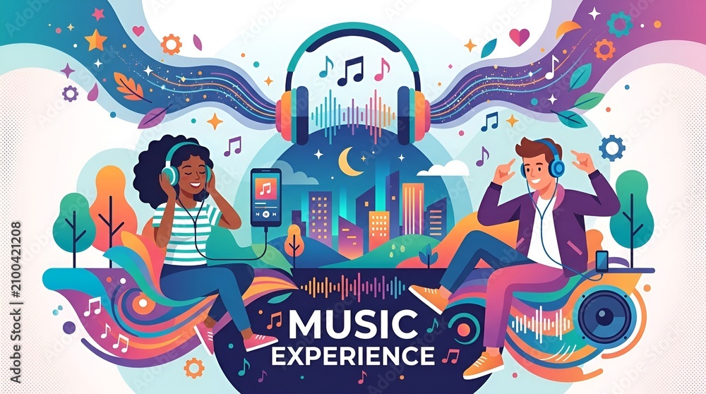 Fototapeta premium Diverse people enjoying vibrant music experience with headphones and city lights background