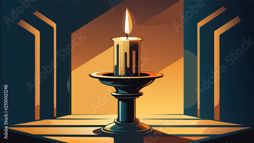 Tableau sur toile Single burning candle in elegant candlestick holder with warm glow candlestick b