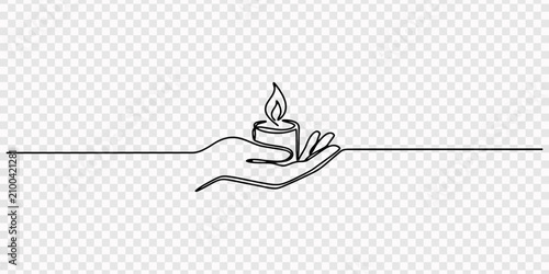 Single line drawing of a hand holding a lit candle, Woman with a candle in a modern single one line art style. Human hands holding a memory candle in the hands, Continuous one line drawing. Hand 