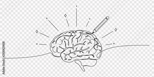 One continuous line of brain drawing pen. Creating new idea and mindset improvement. Vector illustration of minimalist style on a white background, Continuous one line drawing of human brain and 